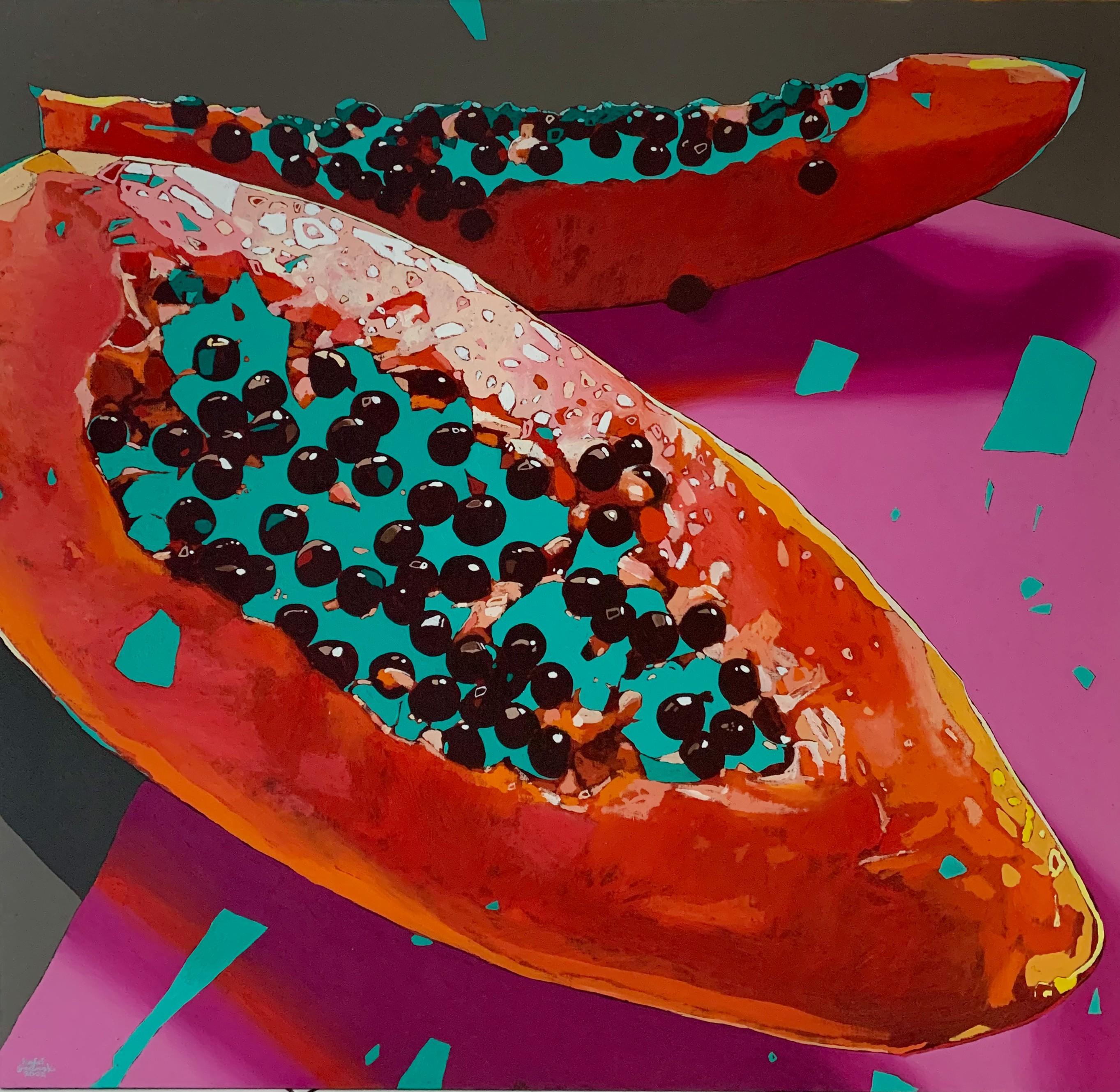 Rafał Gadowski Animal Painting - Papayas 10. Figurative Oil Painting, Colorful Pop art, Still life, Polish art