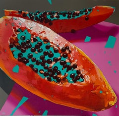 Papayas 10. Figurative Oil Painting, Colorful Pop art, Still life, Polish art