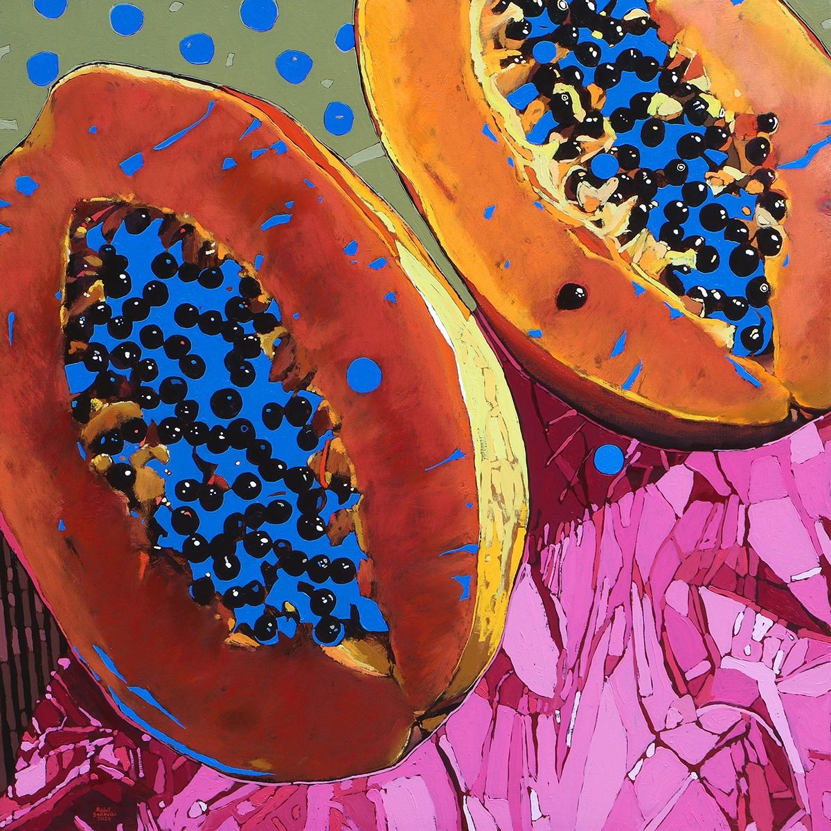 Papayas. Figuratives Ölgemälde, farbenfrohe Pop-Art, Stillleben, Polnische Kunst