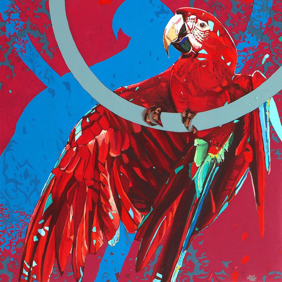 Rafał Gadowski Animal Painting - Parrot 19. Figurative Oil Painting, Colorful, Pop art, Animals, Polish artist