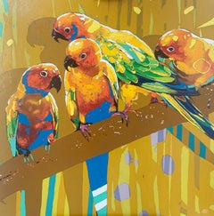Papageien 13. Figuratives Ölgemälde, farbenfrohes, Pop-Art, Tiere, polnischer Künstler