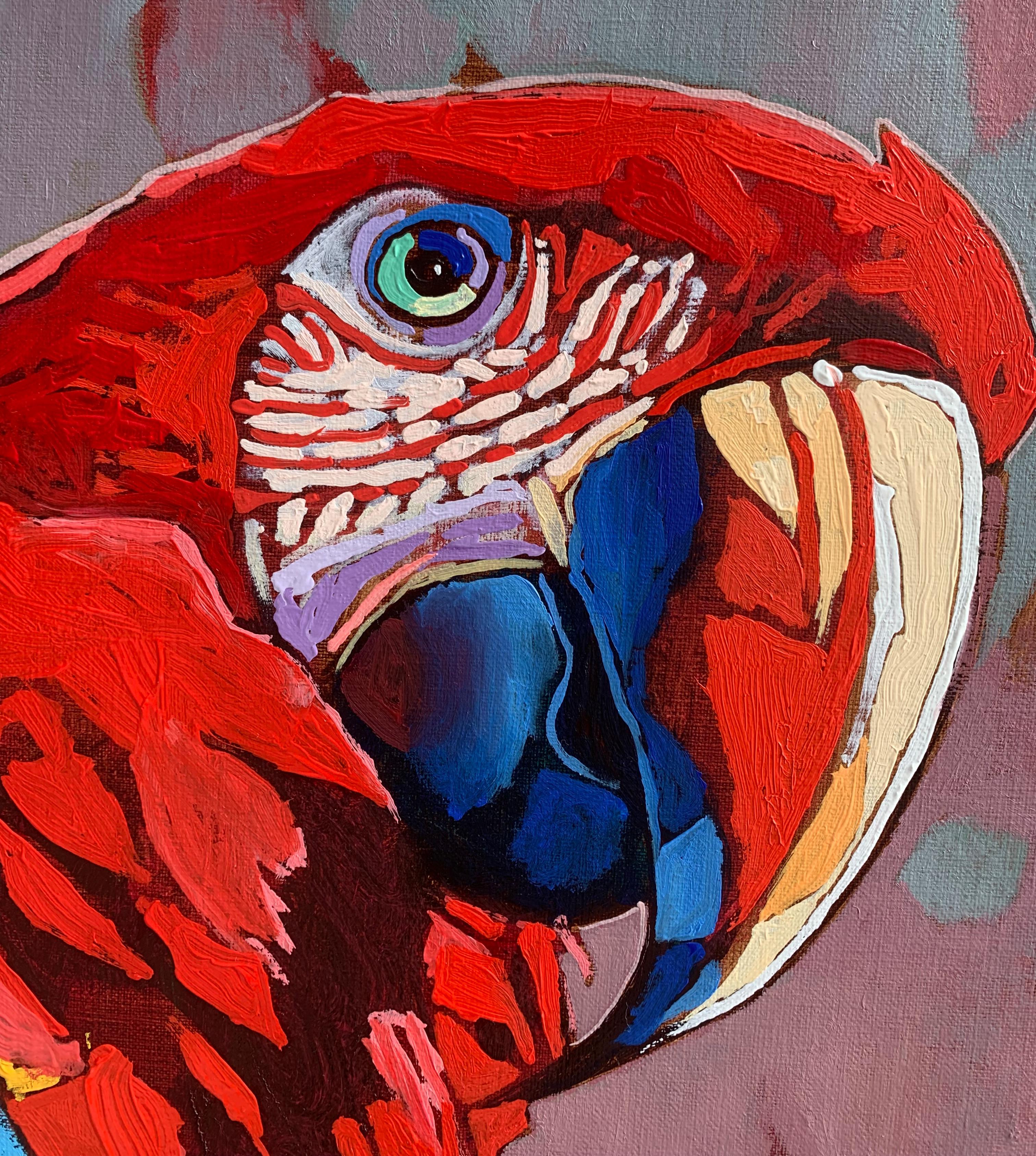 Pintura figurativa contemporánea al óleo sobre lienzo del artista polaco Rafal Gadowski. Pintura de estilo pop art que representa loros. La pintura es vibrante. Los colores principales son el rojo, el verde, el amarillo y el azul. El título de este