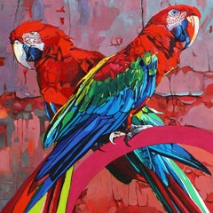 Parrots 17. Figurative Oil Painting, Colorful, Pop art, Animals, Polish artist