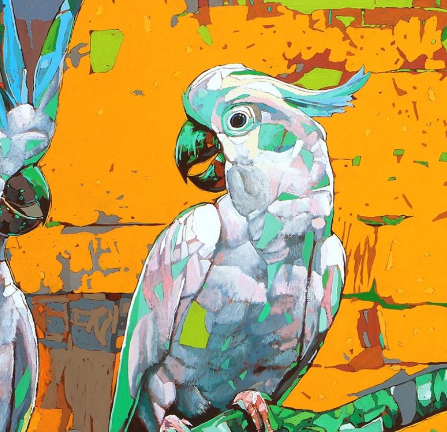 Papageien 18. Figurative ausdrucksstarke Ölmalerei, farbenfroh, Tiere, polnisch (Braun), Figurative Painting, von Rafał Gadowski