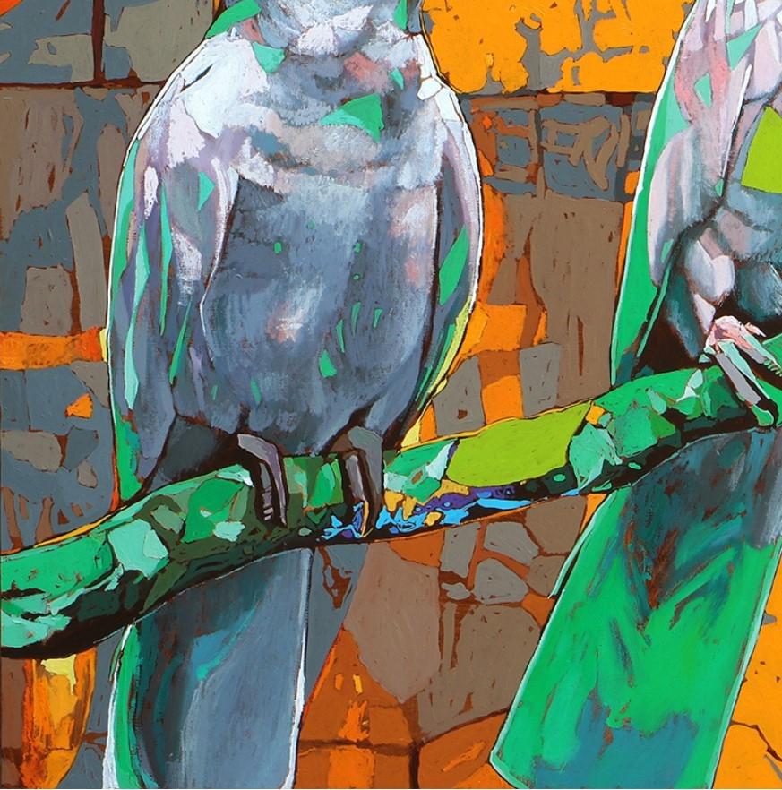 Zeitgenössisches figuratives Gemälde in Öl auf Leinwand des polnischen Künstlers Rafal Gadowski. Gemälde im Pop-Art-Stil, das bunte Flamingos darstellt. Die Farben und die Komposition sind lebhaft. Die Hauptfarben sind blau, rosa und rot. Dieses