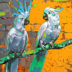 Papageien 18. Figurative ausdrucksstarke Ölmalerei, farbenfroh, Tiere, polnisch