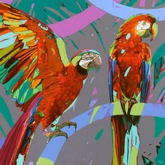 « Perroquets 20 » : peinture à l'huile figurative contemporaine, pop art, animaux, artiste polonais