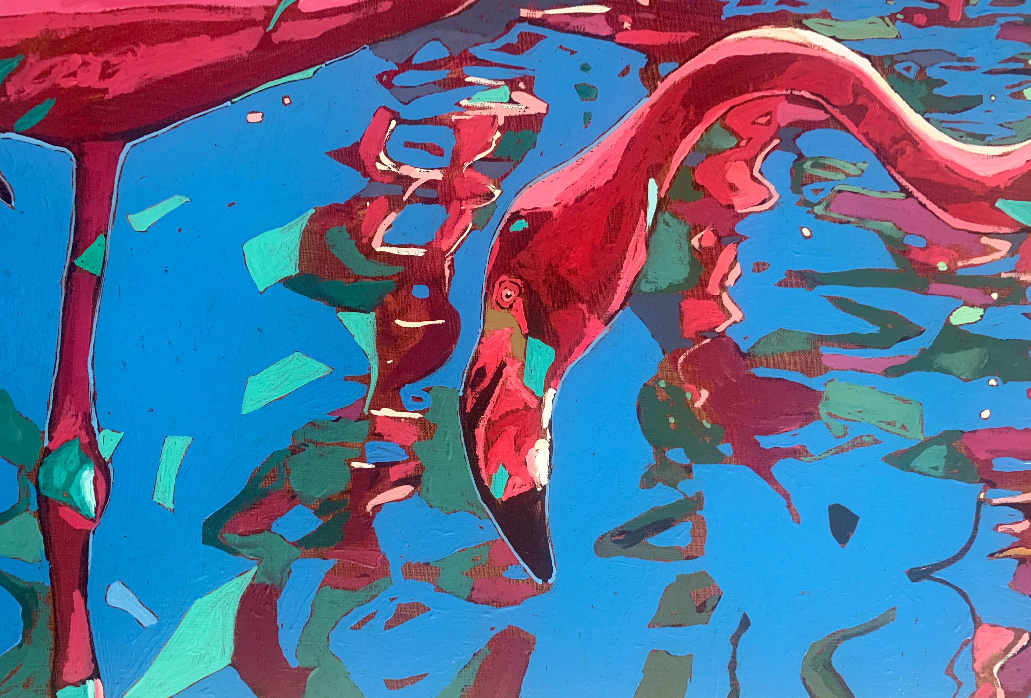 Quadro figurativo contemporaneo ad olio su tela dell'artista polacco Rafal Gadowski. Quadro in stile pop art raffigurante pavoni. La pittura è luminosa con molte forme dinamiche. Il titolo di questo dipinto è 