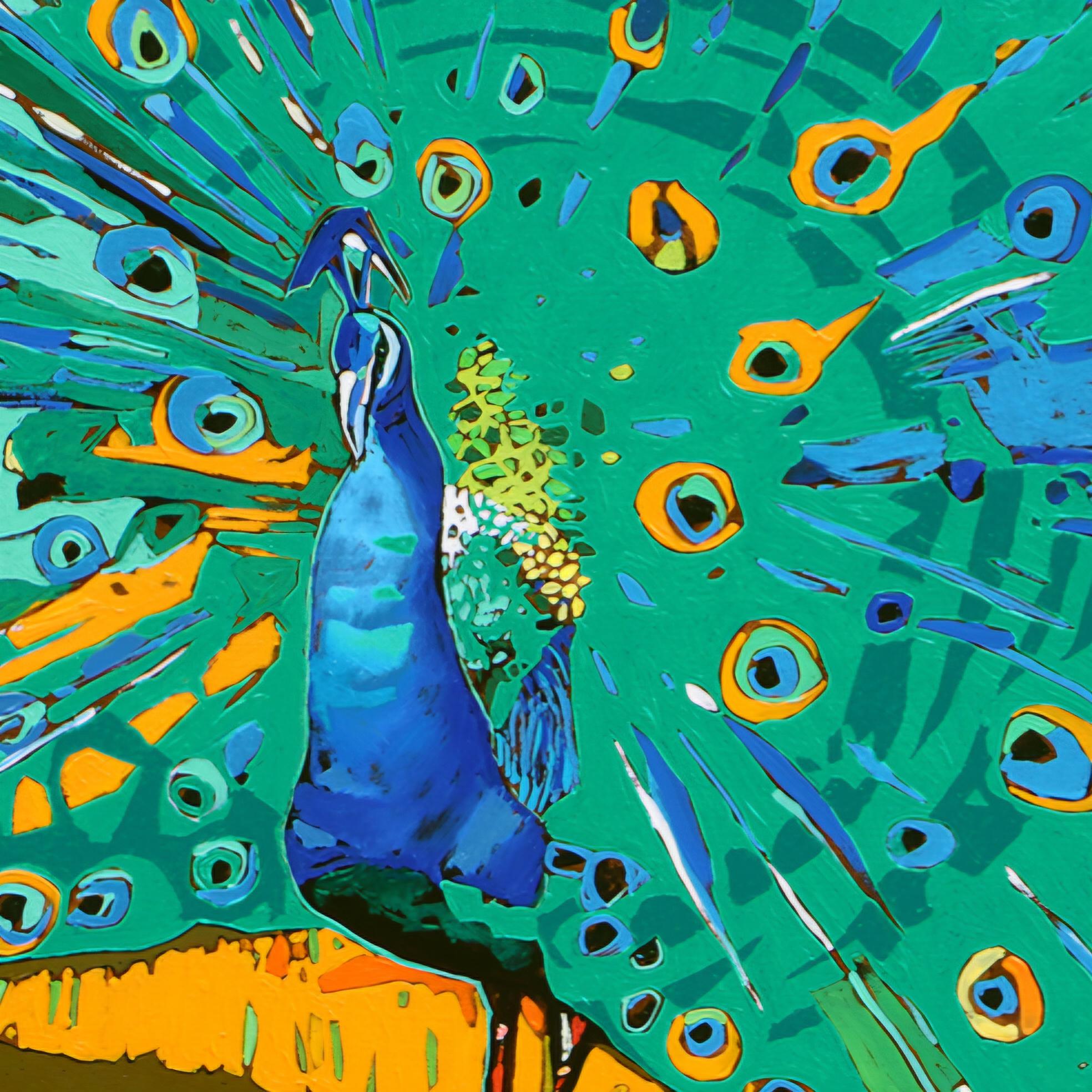 Pfaue 35. Figuratives Ölgemälde, farbenfrohes, Pop-Art, Tiere, polnischer Künstler – Painting von Rafał Gadowski