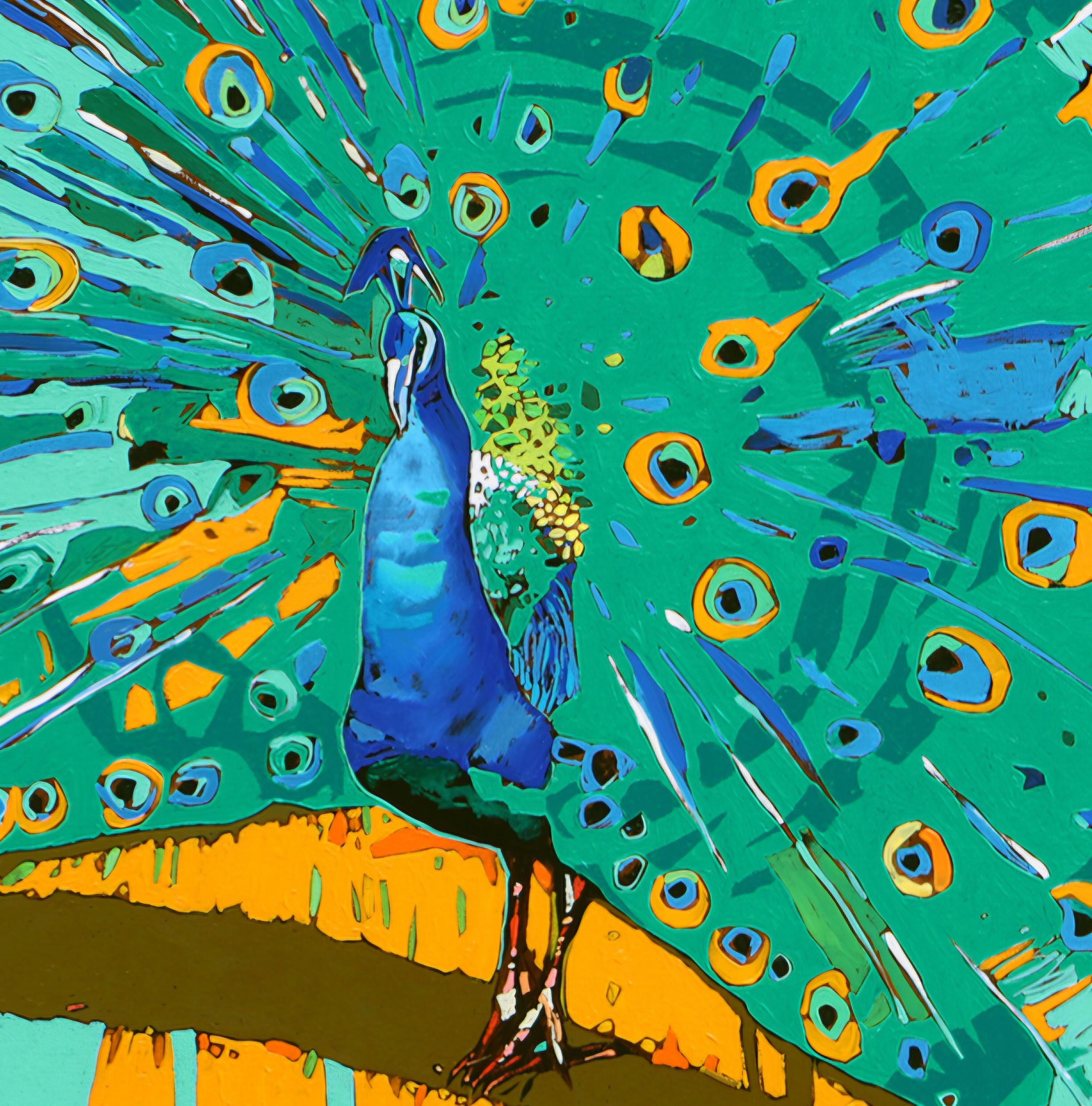 Pfaue 35. Figuratives Ölgemälde, farbenfrohes, Pop-Art, Tiere, polnischer Künstler (Blau), Figurative Painting, von Rafał Gadowski