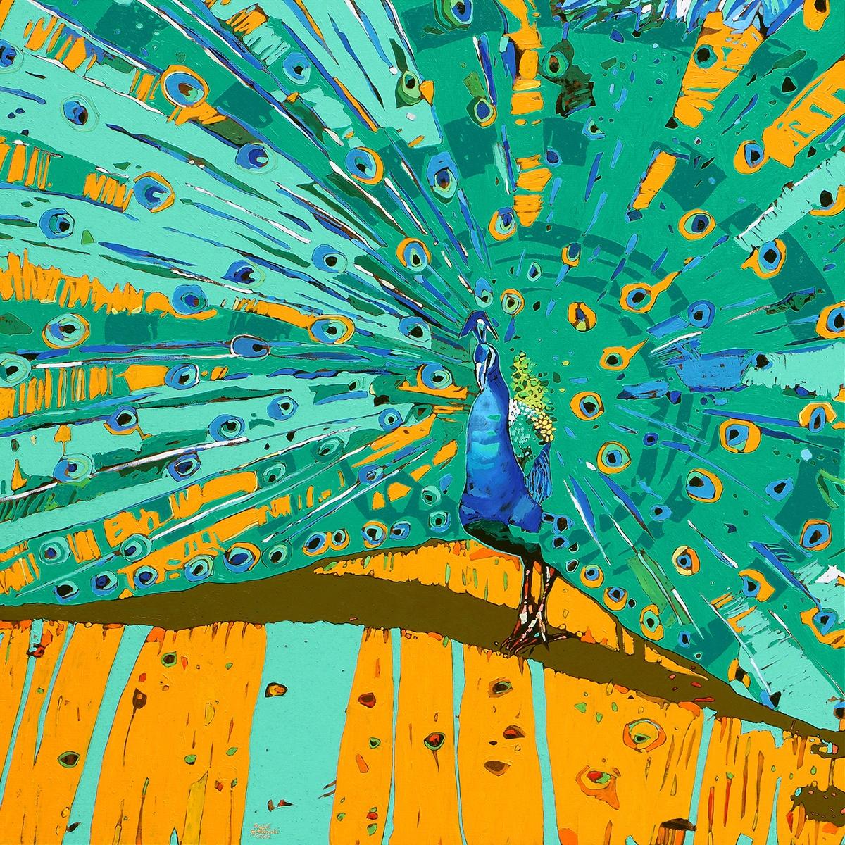 Peacocks 35. Figurative Oil Painting, Colorful, Pop art, Animals, Polish artist