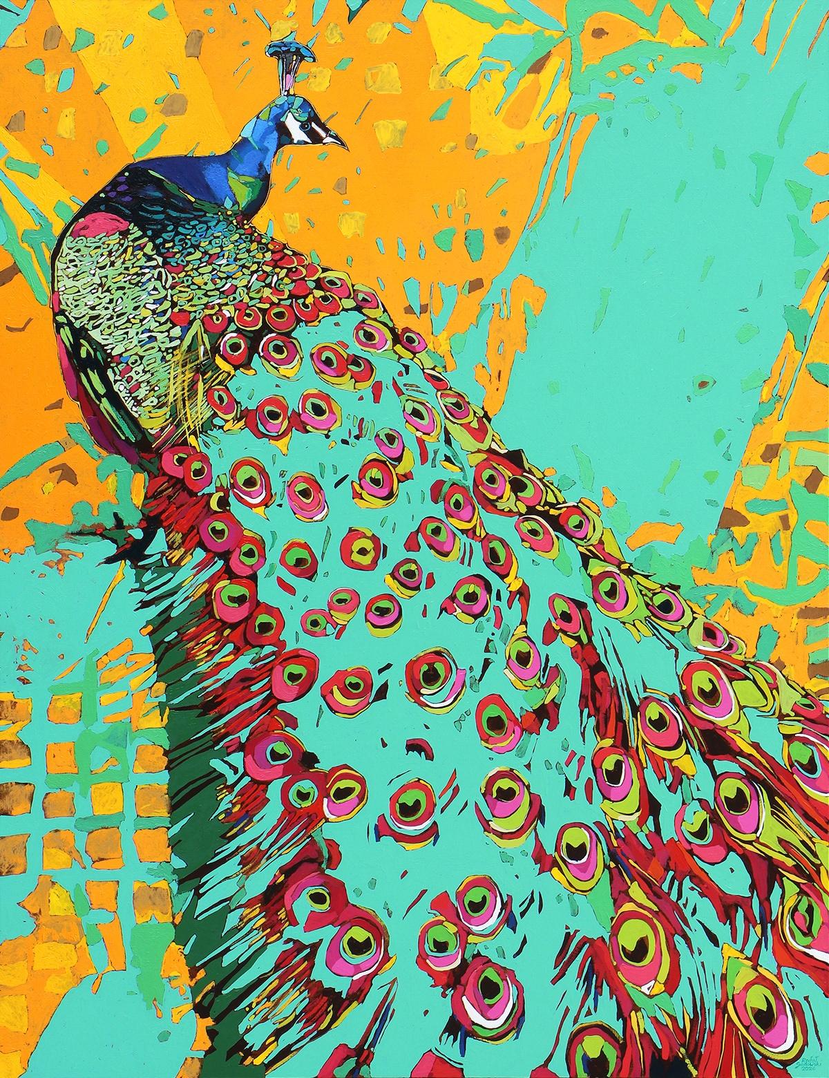 Peacocks 36. Figurative Oil Painting, Colorful, Pop art, Animals, Polish artist