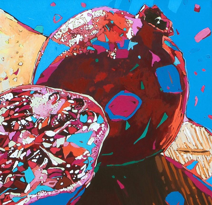 Grenades 11. Peinture à l'huile figurative et expressive, colorée, fruits, polonaise - Noir Figurative Painting par Rafał Gadowski