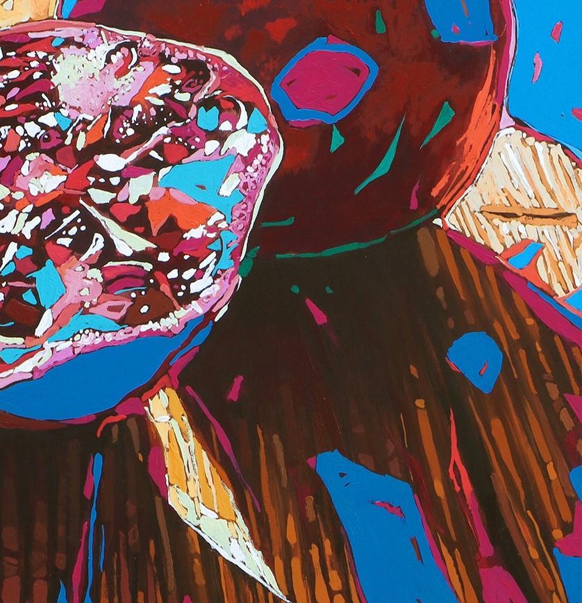 Peinture figurative contemporaine à l'huile sur toile de l'artiste polonais Rafal Gadowski. Peinture de style pop art représentant des flamants roses colorés. Les couleurs et la composition sont éclatantes. Les couleurs principales sont le bleu, le