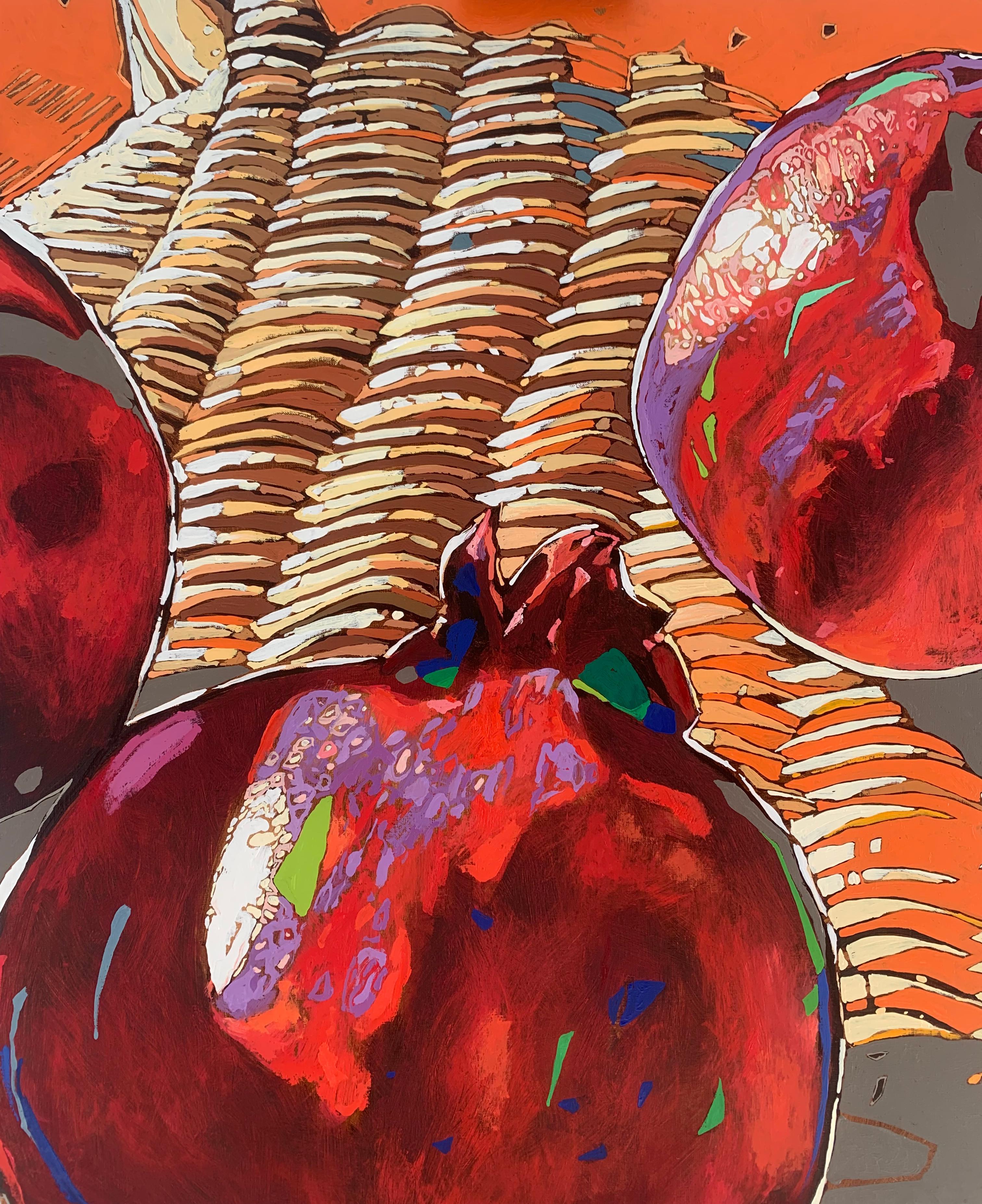 Contemporary figurative oil on canvas painting by Polish artist Rafal Gadowski. Painting in pop art style depicting three pomegranates. Painting is bright with many dynamic shapes. Title of this painting is 'Pomegranates 10' and it is a part of