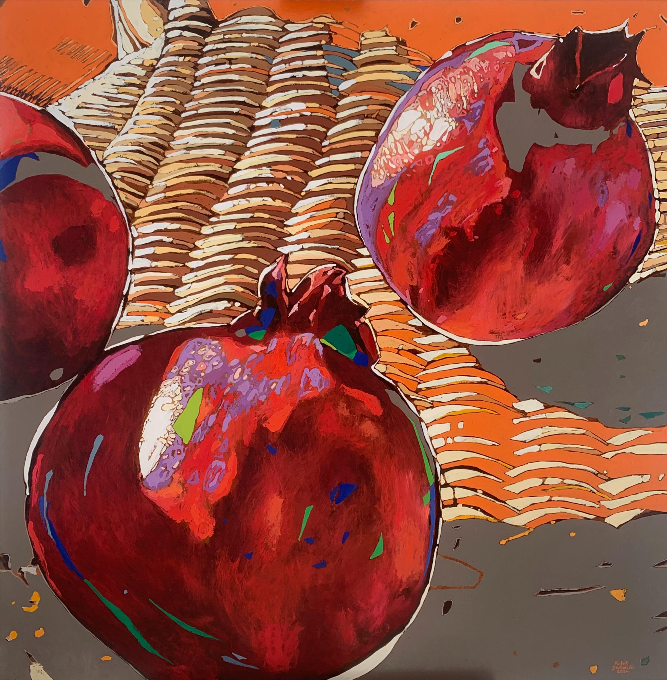 Granatäpfel. Figuratives Ölgemälde, farbenfrohe Pop-Art, Stillleben, Polnische Kunst