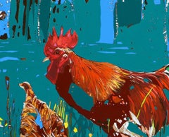 Coq et poule. Peinture à l'huile figurative et expressive, colorée, animaux, polonaise