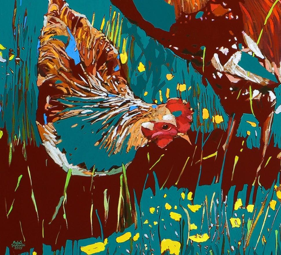 Hahn und Henne. Figurative ausdrucksstarke Ölmalerei, farbenfroh, Tiere, polnisch (Sonstige Kunststile), Painting, von Rafał Gadowski