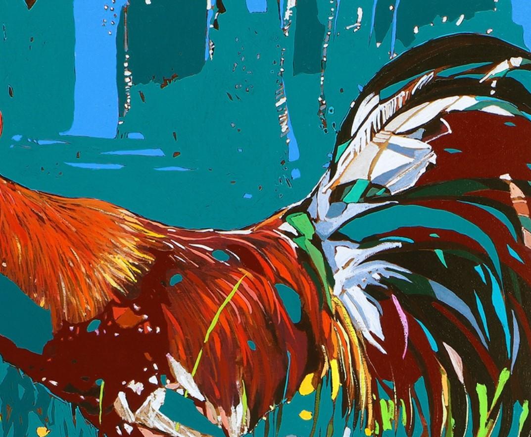 Hahn und Henne. Figurative ausdrucksstarke Ölmalerei, farbenfroh, Tiere, polnisch (Blau), Figurative Painting, von Rafał Gadowski
