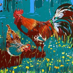 Coq et poule. Peinture à l'huile figurative et expressive, colorée, animaux, polonaise