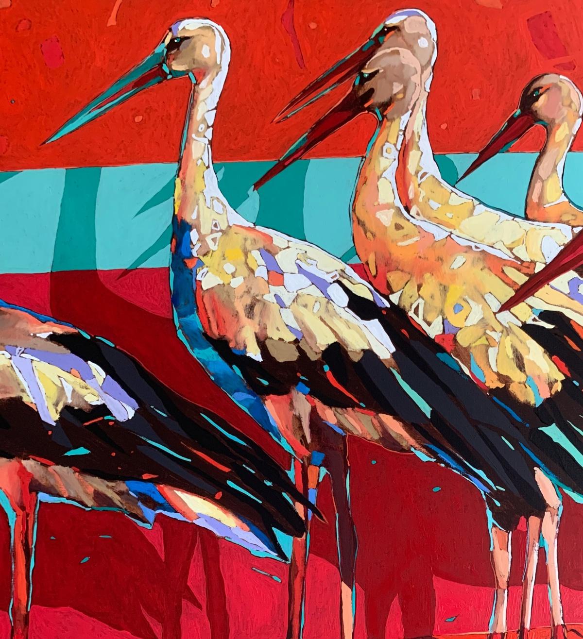 Cigüeñas. Pintura al óleo figurativa, Colorido, Pop art, Animales, Artista polaco - Painting de Rafał Gadowski