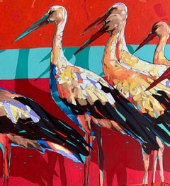 Storks. Figurative Oil Painting, Colorful, Pop art, Animals, Polish artist