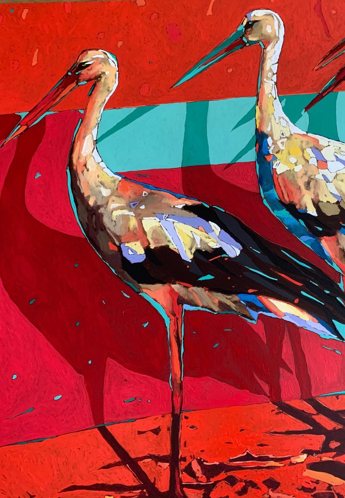 Cigüeñas. Pintura al óleo figurativa, Colorido, Pop art, Animales, Artista polaco - Painting Otro estilo de arte de Rafał Gadowski