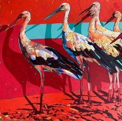 Storks. Figurative Oil Painting, Colorful, Pop art, Animals, Polish artist