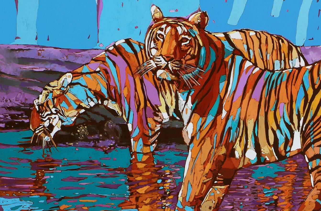 Tigres 07. Peinture à l'huile figurative et expressive, colorée, animaux, polonaise - Painting de Rafał Gadowski