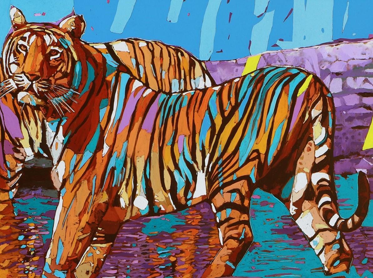 Tigres 07. Peinture à l'huile figurative et expressive, colorée, animaux, polonaise - Gris Figurative Painting par Rafał Gadowski