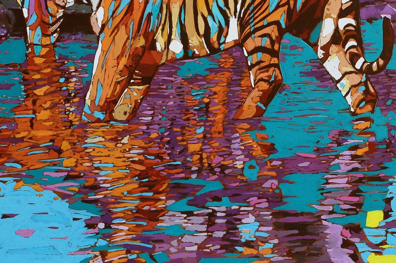 Peinture figurative contemporaine à l'huile sur toile de l'artiste polonais Rafal Gadowski. Peinture de style pop art représentant des flamants roses colorés. Les couleurs et la composition sont éclatantes. Les couleurs principales sont le bleu, le