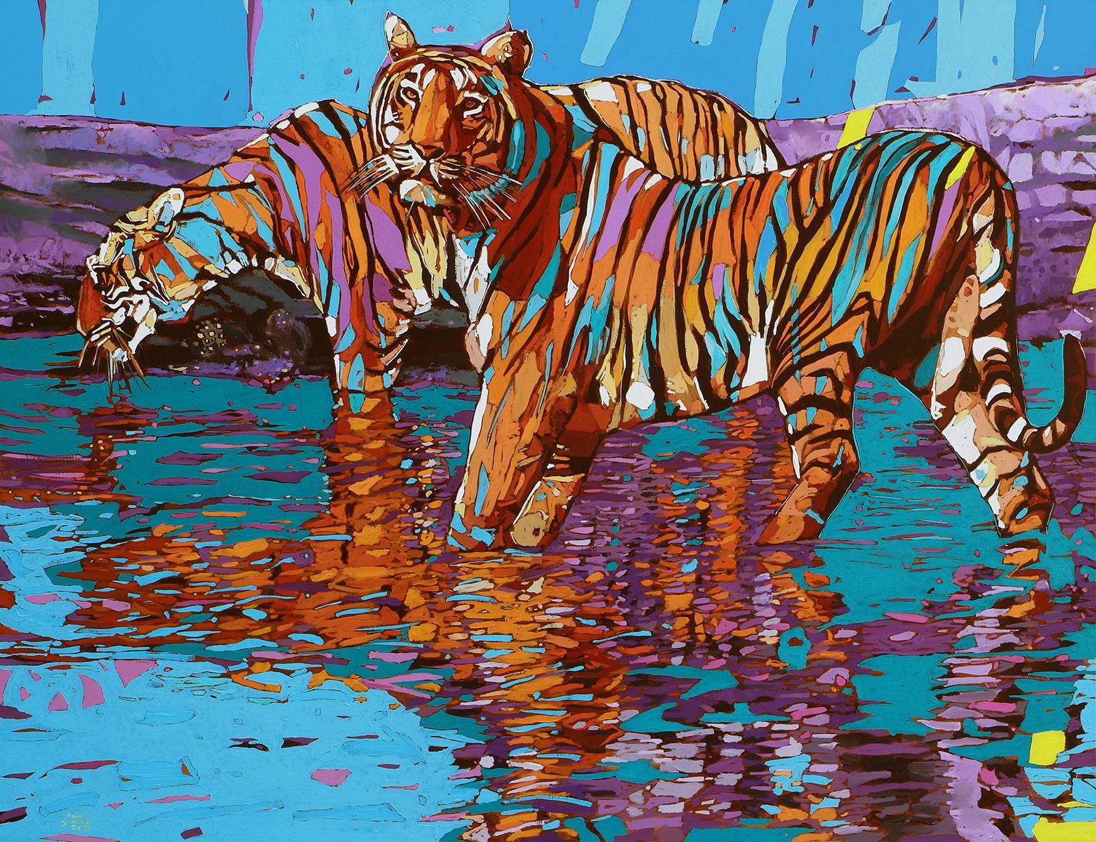 Tigres 07. Peinture à l'huile figurative et expressive, colorée, animaux, polonaise