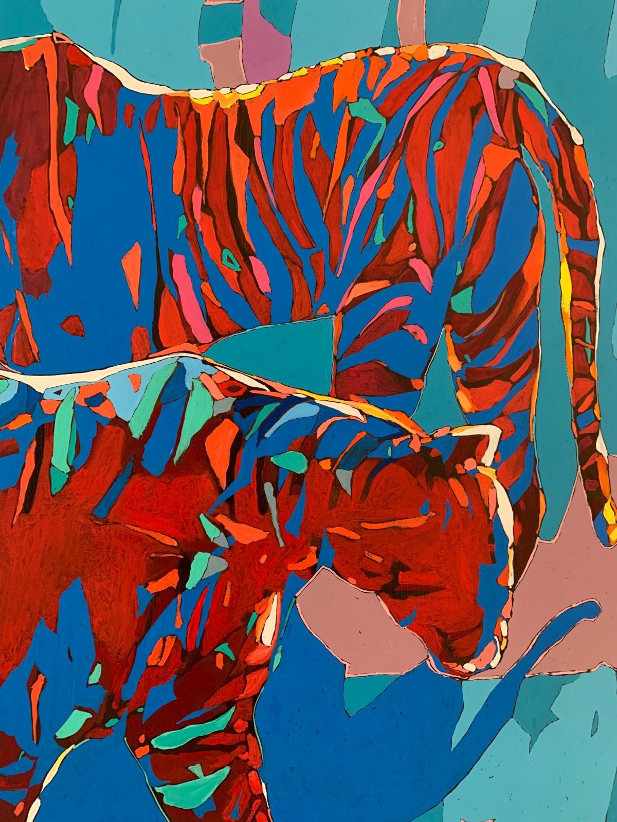 Contemporary figurative oil on canvas painting by Polish artist Rafal Gadowski. Painting in pop art style depicting two tigers. The background is geometric and mostly in blue color. Painting is bright with many dynamic shapes. Title of this painting