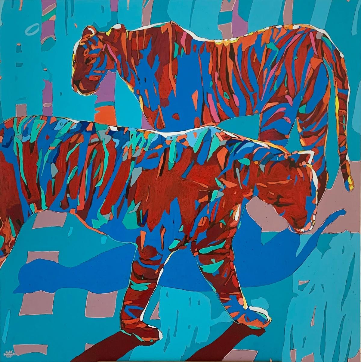 Rafał Gadowski Animal Painting - Tigers 2. Contemporary Figurative Oil Painting, Pop art, Animals, Polish artist