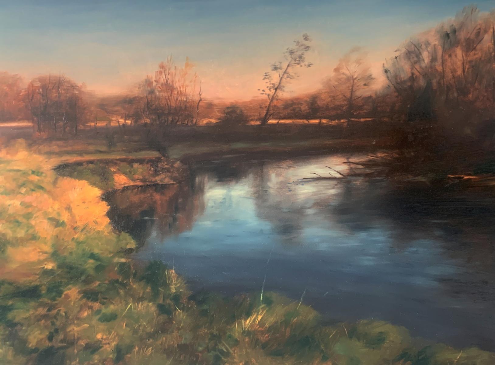 Pintura figurativa contemporánea al óleo sobre tabla del artista polaco Jakub Podlodowski. La pintura es de estilo clásico, representa el paisaje junto al agua de forma realista. 

JAKUB PODLODOWSKI (n. 1986)
Licenciada en KSP en Kazimierz Dolny en