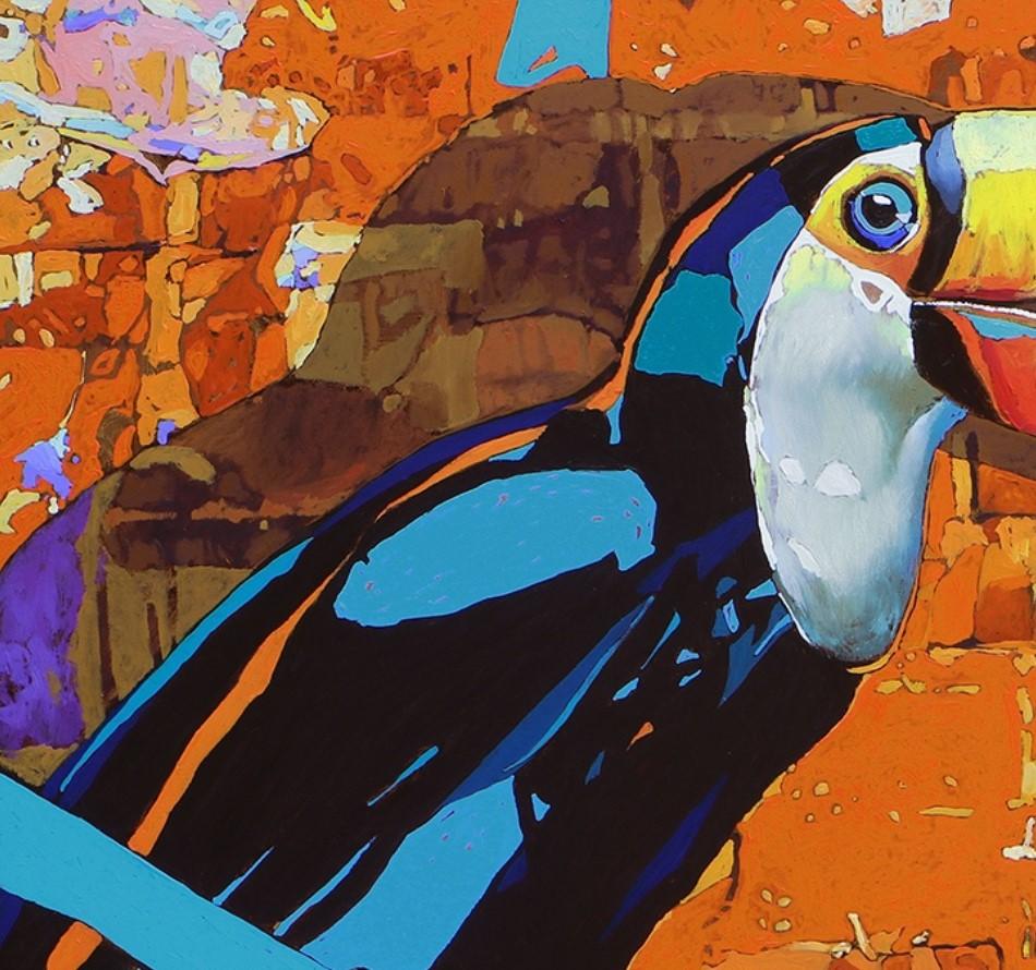 Tukan 19. Figurative ausdrucksstarke Ölmalerei, farbenfroh, Tiere, polnisch (Braun), Figurative Painting, von Rafał Gadowski