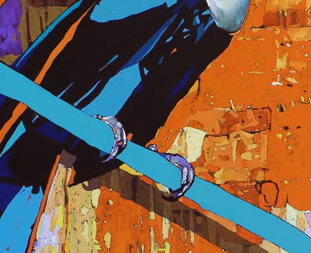 Zeitgenössisches figuratives Gemälde in Öl auf Leinwand des polnischen Künstlers Rafal Gadowski. Gemälde im Pop-Art-Stil, das bunte Flamingos darstellt. Die Farben und die Komposition sind lebhaft. Die Hauptfarben sind blau, rosa und rot. Dieses