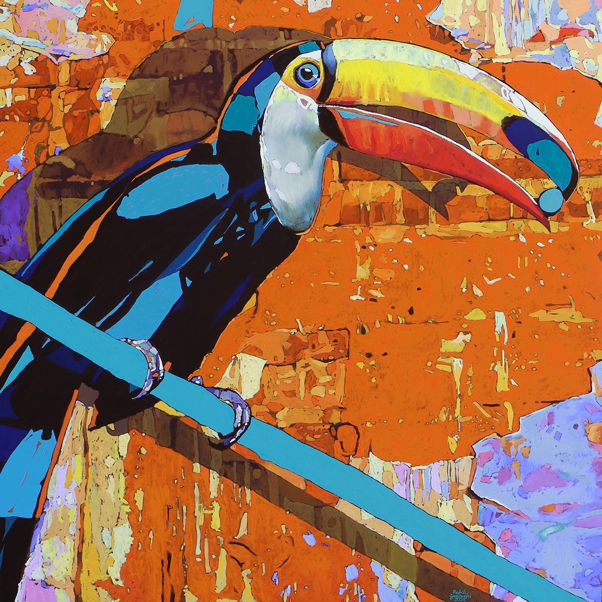 Tukan 19. Figurative ausdrucksstarke Ölmalerei, farbenfroh, Tiere, polnisch