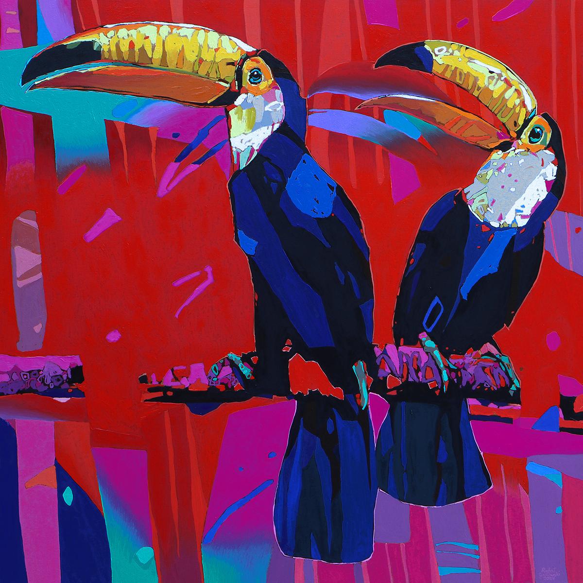 Tukane 14. Figuratives Ölgemälde, farbenfrohes, Pop-Art, Tiere, polnischer Künstler