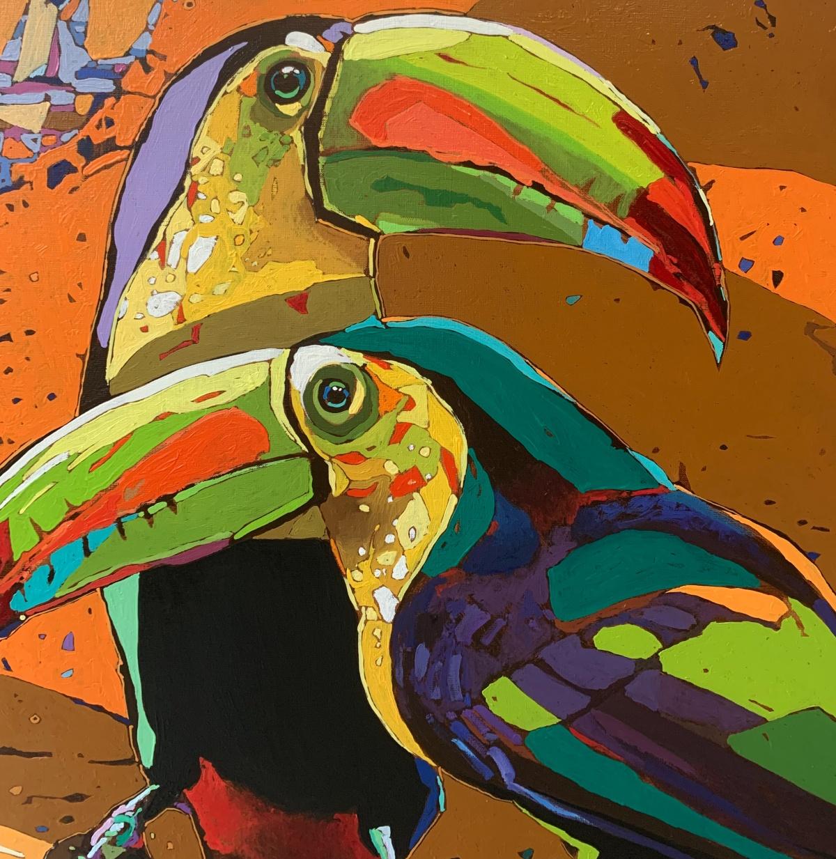 Toucans 17. Figurative Oil Painting, Colorful, Pop art, Animals, Polish artist - Brown Animal Painting by Rafał Gadowski