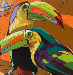 Toucans 17. Figurative Oil Painting, Colorful, Pop art, Animals, Polish artist