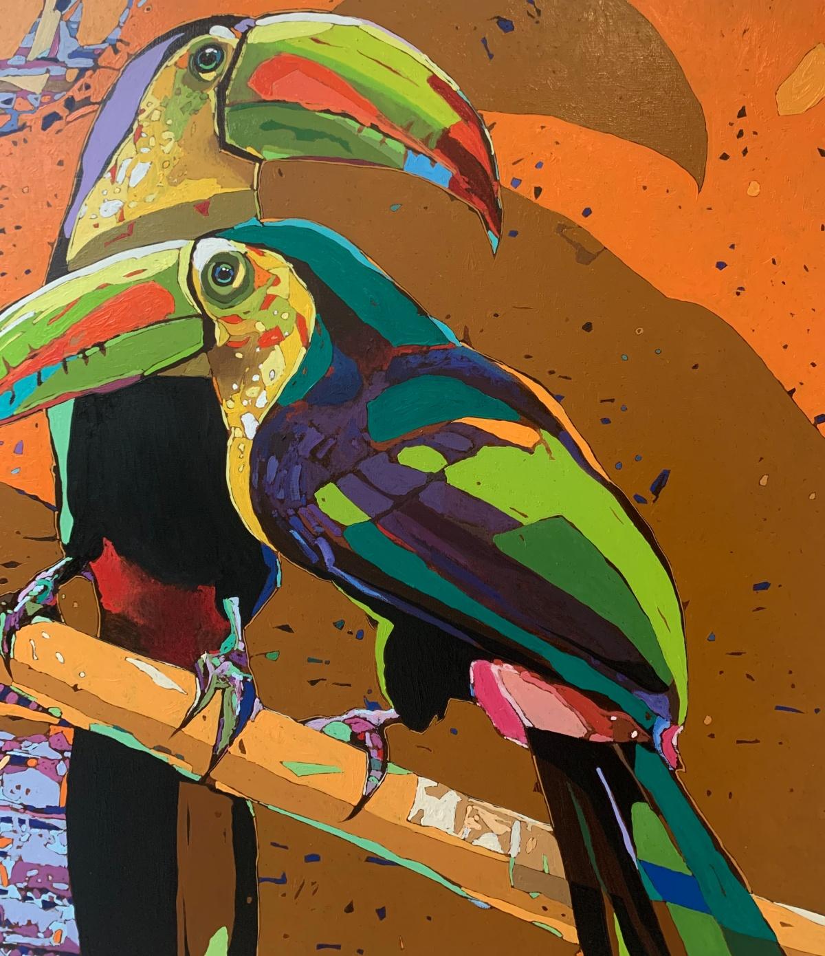 Contemporary figurative oil on canvas painting by Polish artist Rafal Gadowski. Painting in pop art style depicting two toucans. Painting is bright with many dynamic shapes. Main colours are orange, brown and green. Title of this painting is