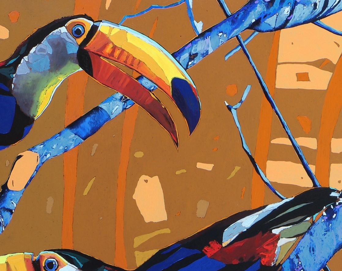 Tukane 20. Figurative ausdrucksstarke Ölmalerei, farbenfroh, Tiere, polnisch (Braun), Figurative Painting, von Rafał Gadowski
