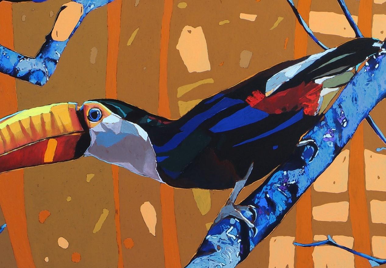 Zeitgenössisches figuratives Gemälde in Öl auf Leinwand des polnischen Künstlers Rafal Gadowski. Gemälde im Pop-Art-Stil, das bunte Flamingos darstellt. Die Farben und die Komposition sind lebhaft. Die Hauptfarben sind blau, rosa und rot. Dieses
