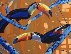 Tukane 20. Figurative ausdrucksstarke Ölmalerei, farbenfroh, Tiere, polnisch