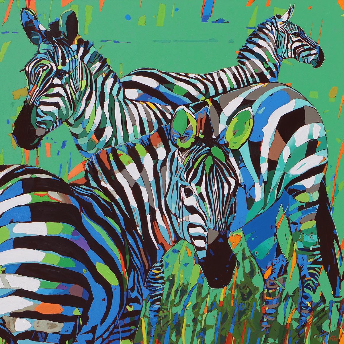 Zebras 11 - Oil painting, Contemporary Figurative, Pop art, Animals, Vibrant