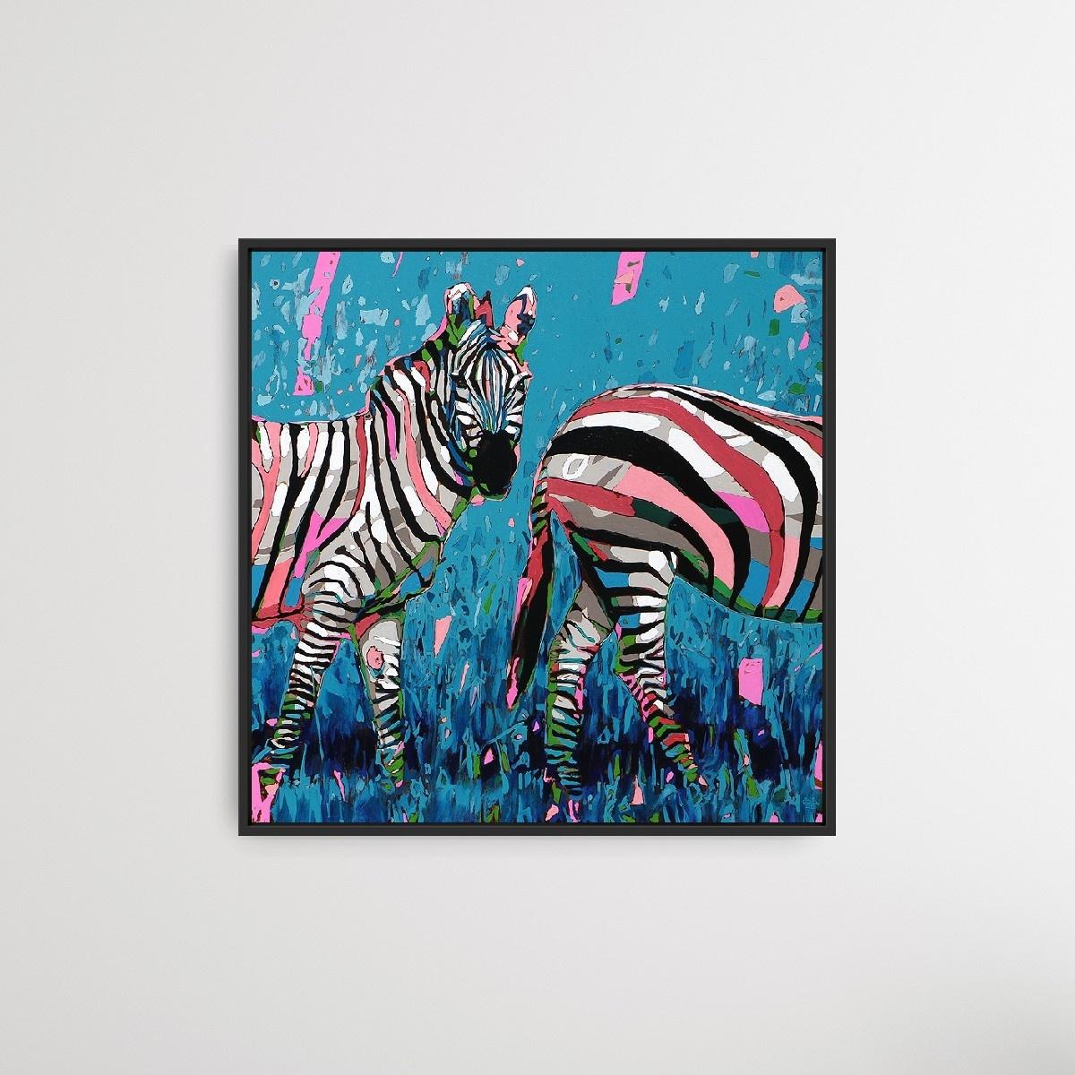 Zebras - Peinture à l'huile figurative contemporaine, Pop art, animaux, artiste polonais - Painting de Rafał Gadowski