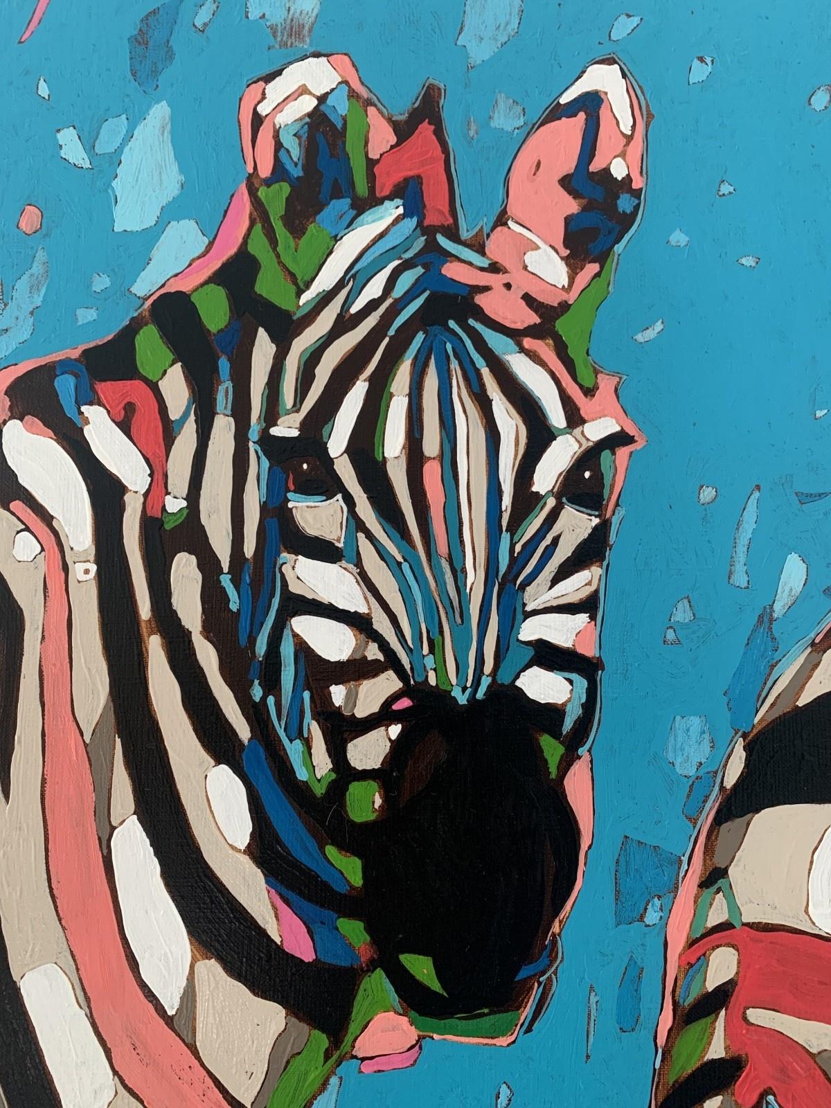 Zebras - Peinture à l'huile figurative contemporaine, Pop art, animaux, artiste polonais - Bleu Animal Painting par Rafał Gadowski