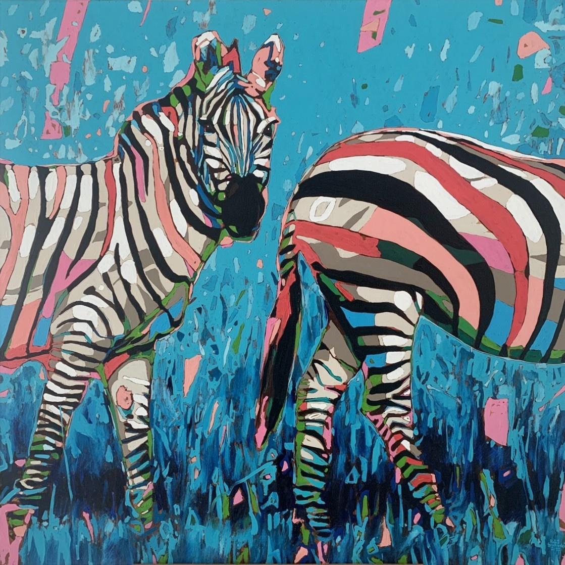 Animal Painting Rafał Gadowski - Zebras - Peinture à l'huile figurative contemporaine, Pop art, animaux, artiste polonais