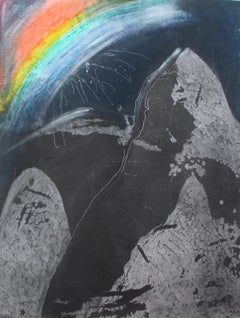 Vintage Ararat - 20th Century, Abstract Etching Print, Dark Colors, Rainbow, Polish art